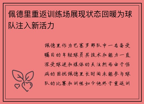 佩德里重返训练场展现状态回暖为球队注入新活力